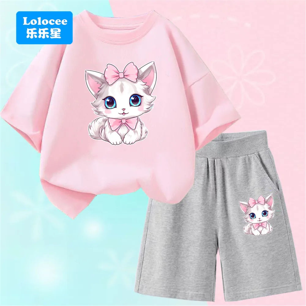 Girls Bow Cat Print T-Shirt &amp; Shorts Set | 2-Piece Summer Outfit | Ages 3–14