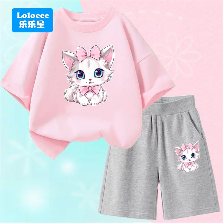 Girls Bow Cat Print T-Shirt &amp; Shorts Set | 2-Piece Summer Outfit | Ages 3–14