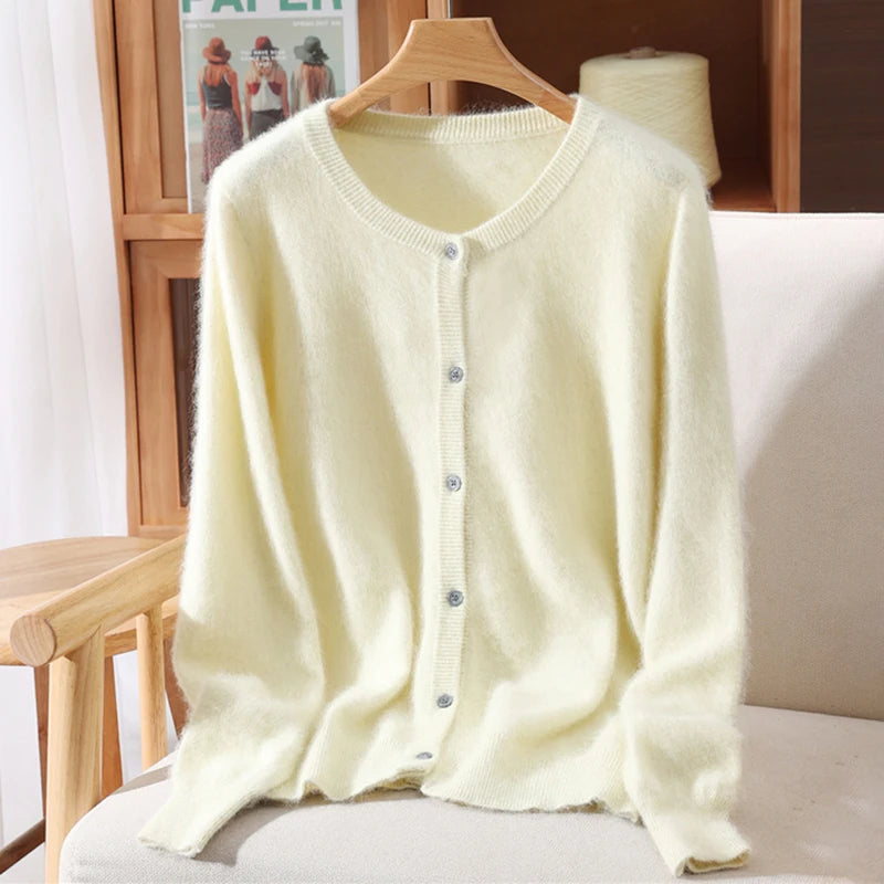 New Women 100% Mink Cashmere Sweater O-Neck Buttons Cardigan Autumn Winter Soft Warm Cable Kint Sweater Casual Long  Sleeve Tops