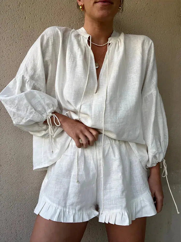 Women Elegant Long Sleeve Pocket Shirt Set Casual Vacation Female Outfits-Tops-Bennys Beauty World