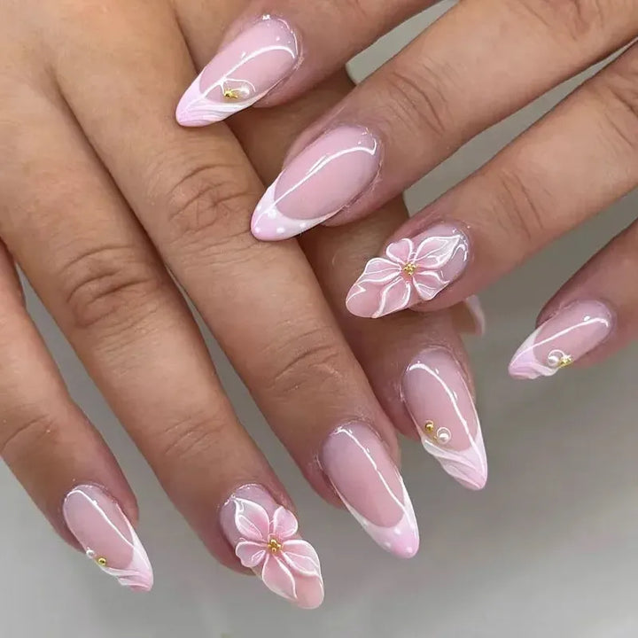 Gradient Pink Almond Press-On Nails – 24 Pcs Flower &amp; Pearl Design False Nails-Nails-Bennys Beauty World
