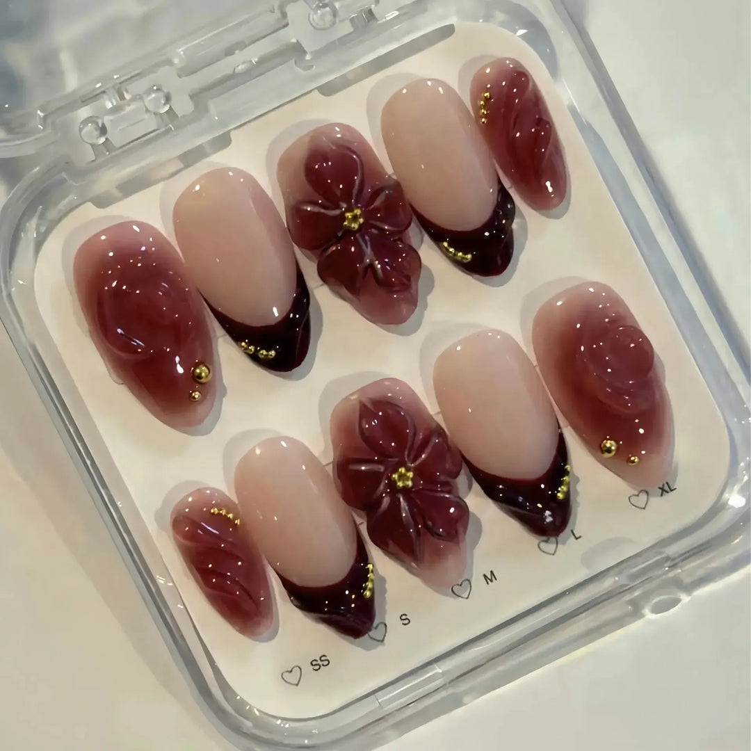 Gradient Pink Almond Press-On Nails – 24 Pcs Flower &amp; Pearl Design False Nails-Nails-Bennys Beauty World