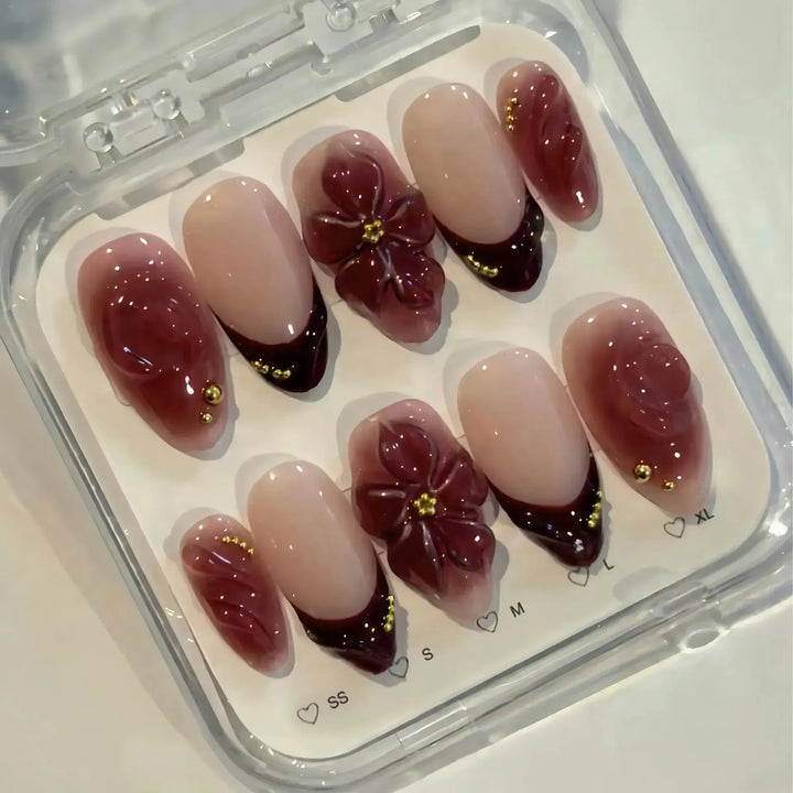 Gradient Pink Almond Press-On Nails – 24 Pcs Flower &amp; Pearl Design False Nails-Nails-Bennys Beauty World