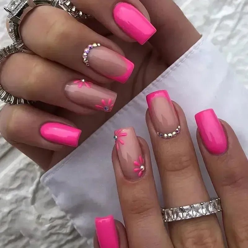 Short Square French Flower Press - On Nails 24 Pcs - Bennys Beauty World