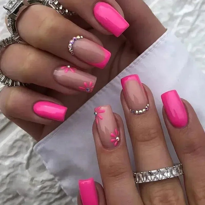 Short Square French Flower Press - On Nails 24 Pcs - Bennys Beauty World