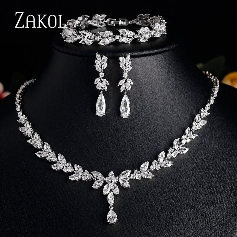 Zirconia Leaf Necklace Earrings Rings Bracelets Set for Women-necklace-Bennys Beauty World