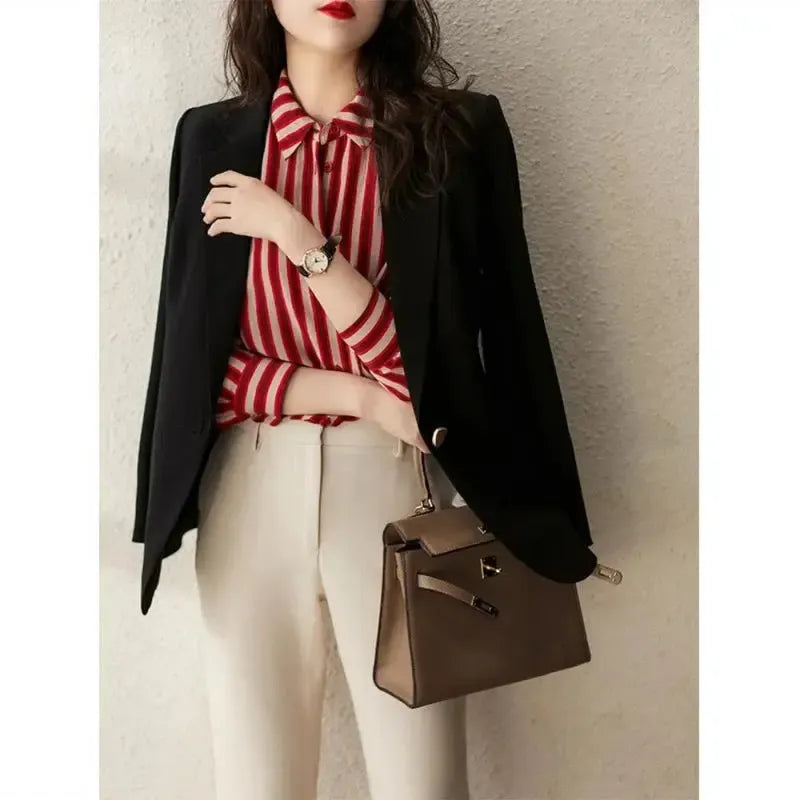 French Style Fashion Spring Shirts New Women's Polo-Neck Striped Single Breasted Simplicity Versatile Loose Long Sleeve Tops-Bennys Beauty World