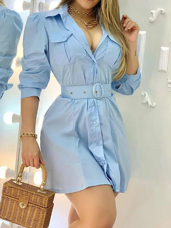 Plain Puffed Sleeve Button Design Shirt Dress-Bennys Beauty World