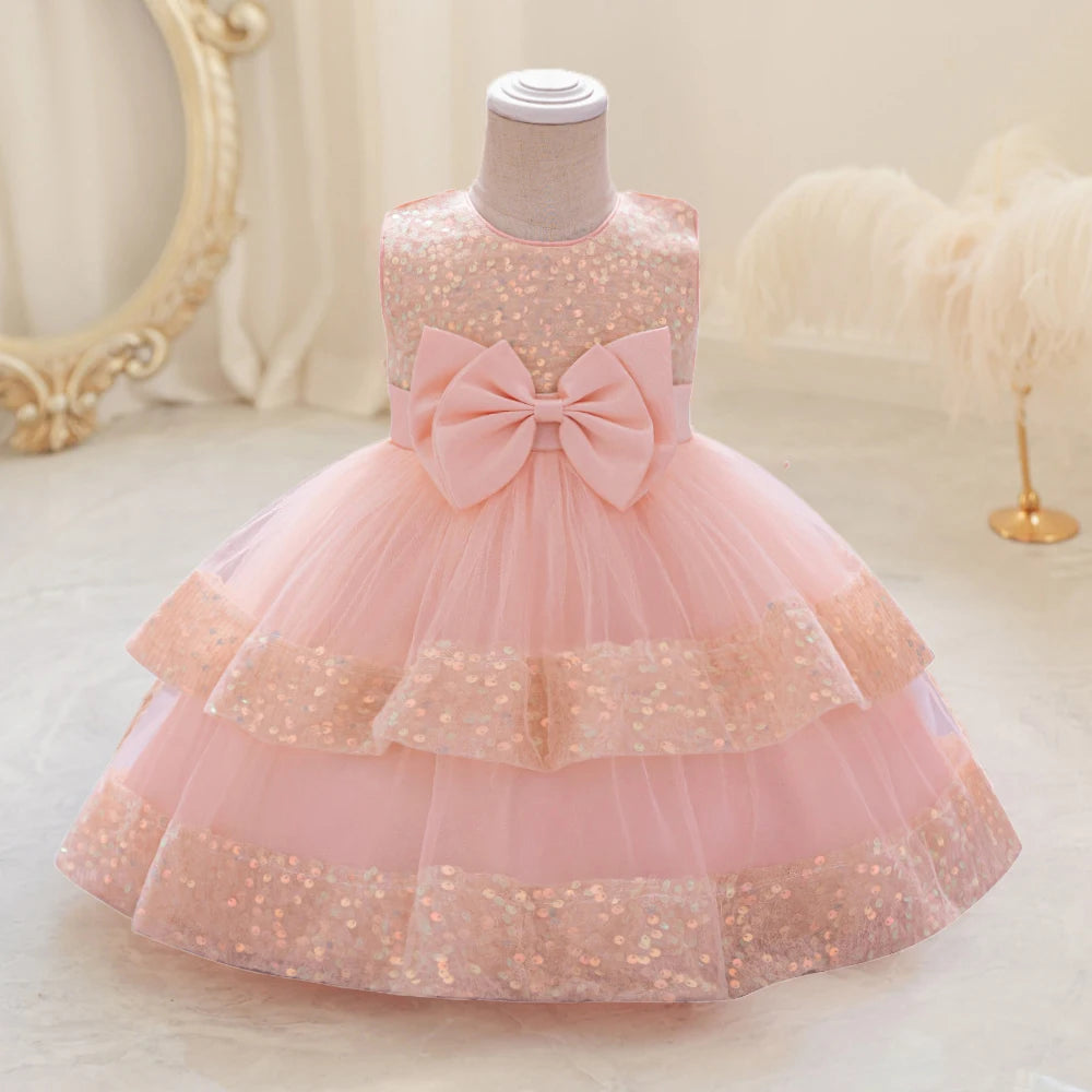 Sequin Bow Baby Girls Party Dresses Toddler 1st Birthday Baptism Dress