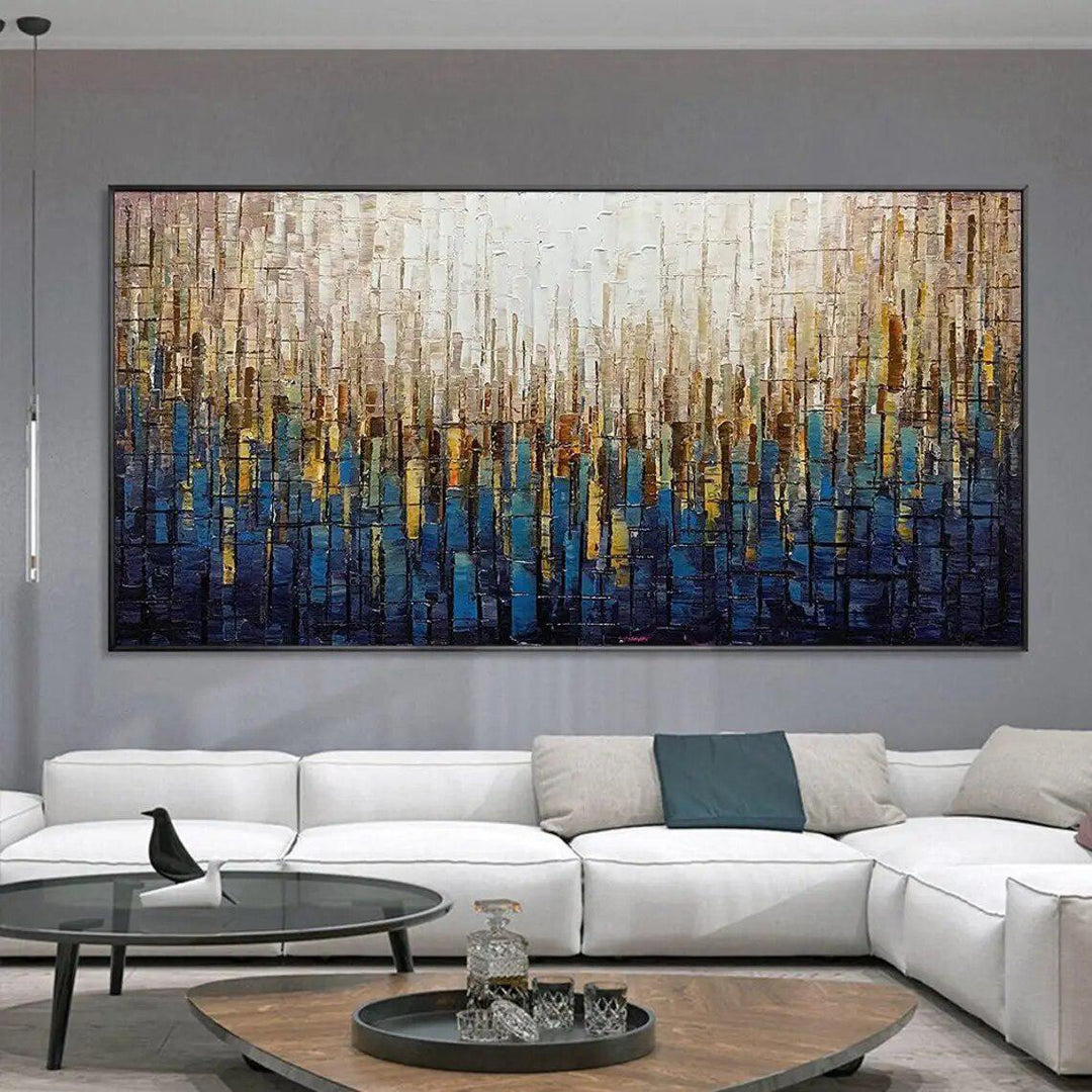 Hand Painted Textured Blue Tower Tree Oil Painting on Canvas Abstract Teal Life Tree Landscape Acrylic Painting Modern Wall Art-Arlik interiors