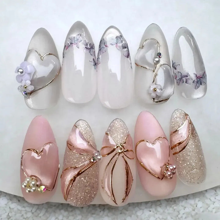Almond Press-On Nails – 24 Pcs Flower Pattern False Nails | Bennys Beauty World-Nails-Bennys Beauty World
