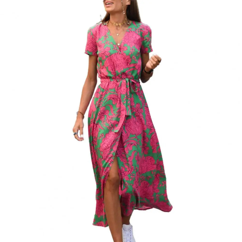 Women's Midi Dress V-neck Short Sleeve Floral Print Dress-Dress-Bennys Beauty World