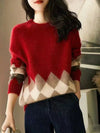 Womens Sweater Red Plaid Knit Tops for Women
