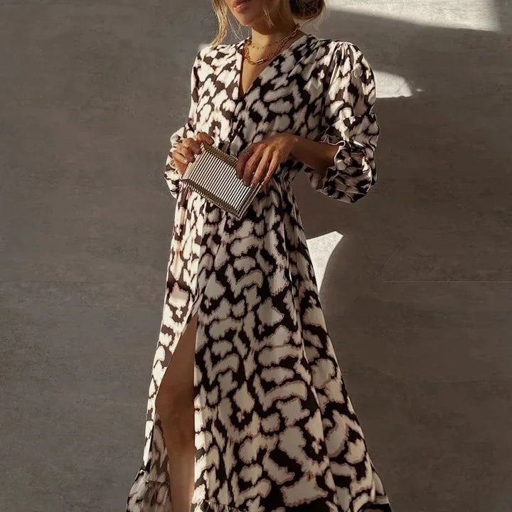 Ladies Fashion Printed V-neck Office Dress-Dresses-Bennys Beauty World