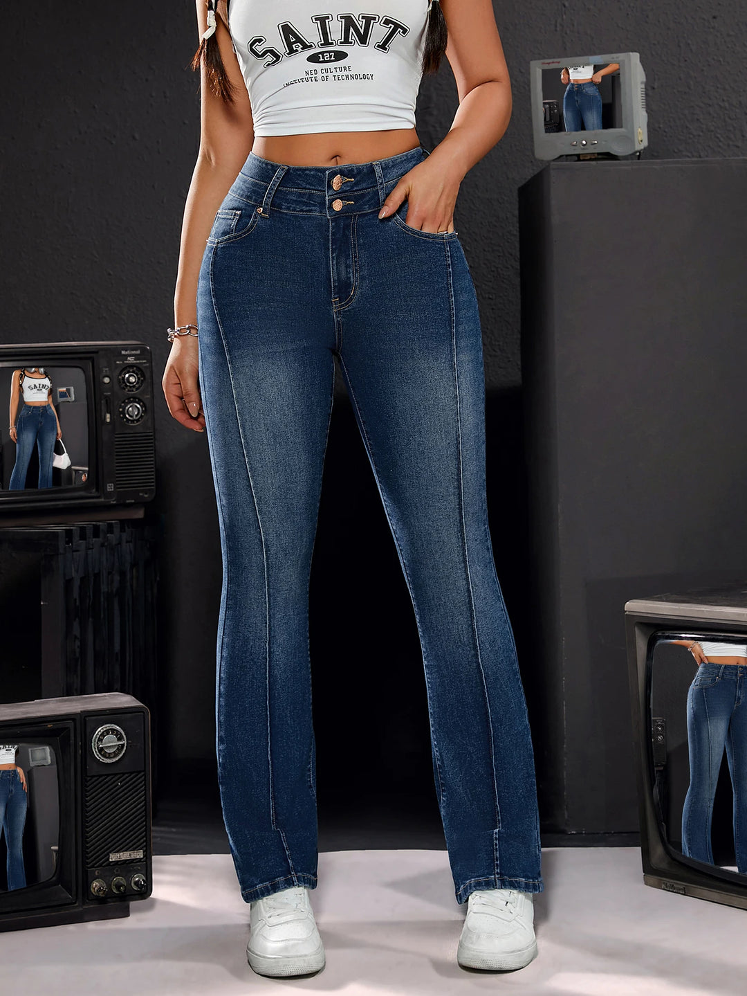 High-Waisted Stretch Denim Jeans | Double Button | Slim Straight Leg
