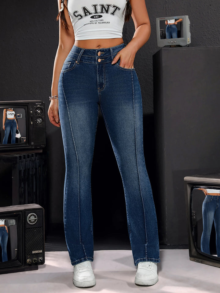 High-Waisted Stretch Denim Jeans | Double Button | Slim Straight Leg