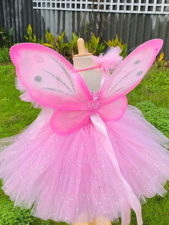 Girls Fairy Tutu Dress Set – Kids Fluffy Tulle Ball Gown with Wings, Wand &amp; Headband for Birthday, Halloween &amp; Party-Dresses-Bennys Beauty World