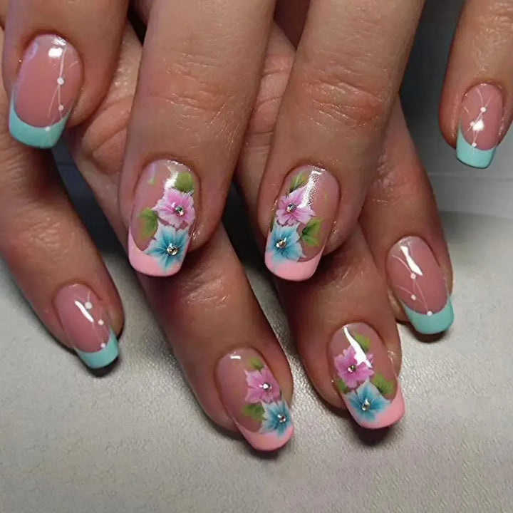 Long Coffin Press-On Nails – 24 Pcs Gradient Flower Design Reusable False Nails-Bennys Beauty World