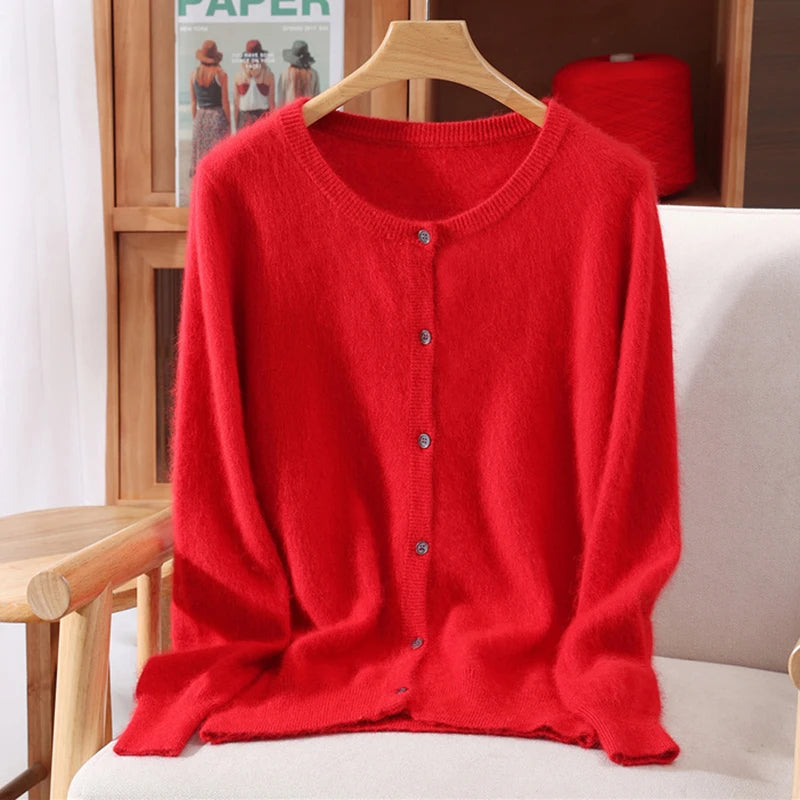 New Women 100% Mink Cashmere Sweater O-Neck Buttons Cardigan Autumn Winter Soft Warm Cable Kint Sweater Casual Long  Sleeve Tops