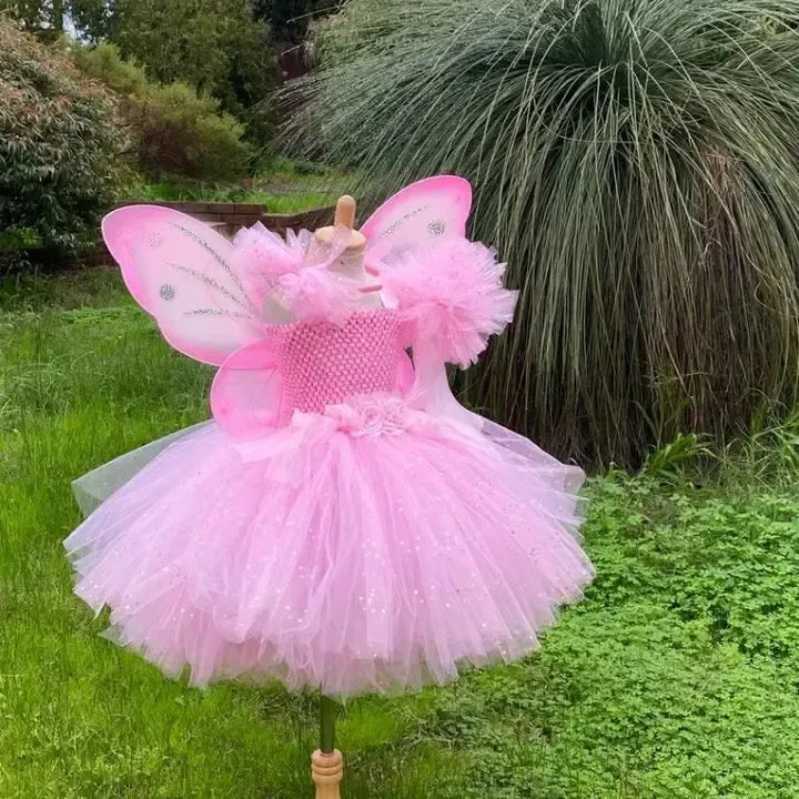Girls Fairy Tutu Dress Set – Kids Fluffy Tulle Ball Gown with Wings, Wand &amp; Headband for Birthday, Halloween &amp; Party-Dresses-Bennys Beauty World