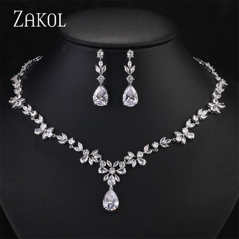 Zirconia Leaf Necklace Earrings Rings Bracelets Set for Women-necklace-Bennys Beauty World