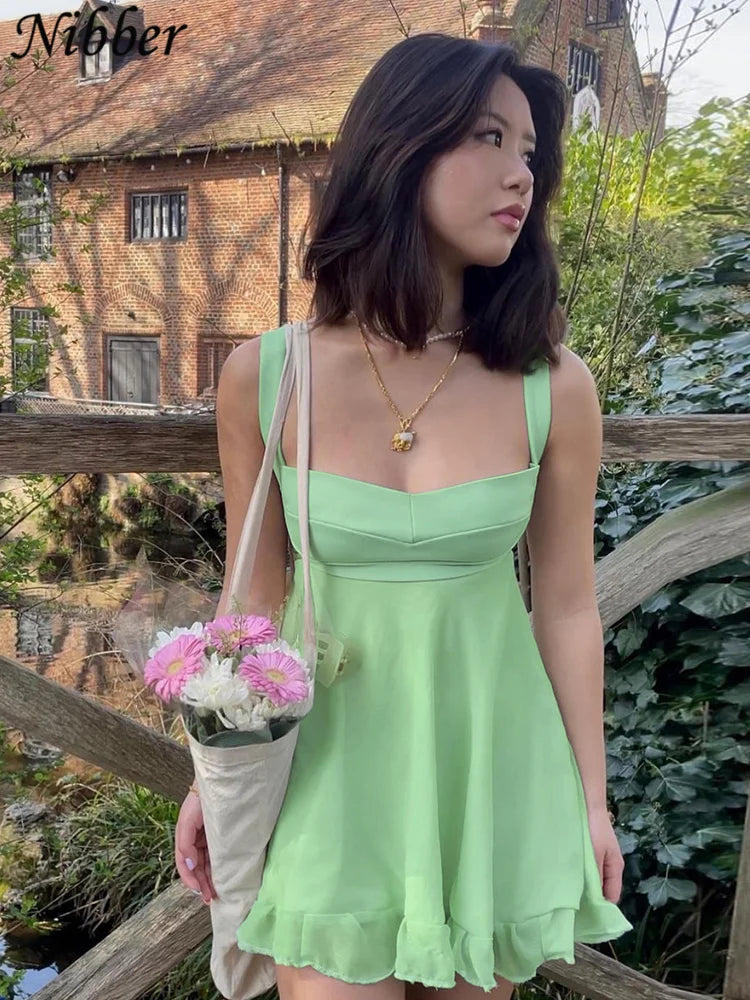 Women's Solid Color Cutout Slim Sling Dress Backless Ruffle Dress