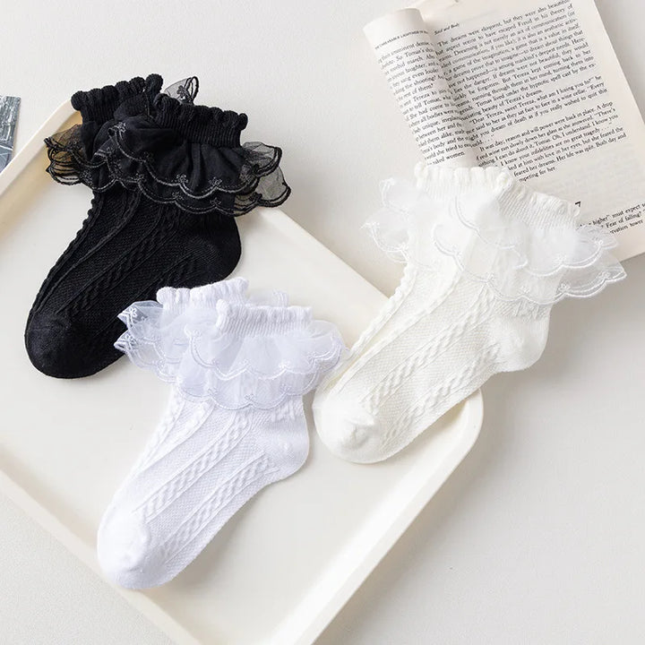 Girls Ruffle Lace Cotton Socks | 3 Pairs | Ages 1–10