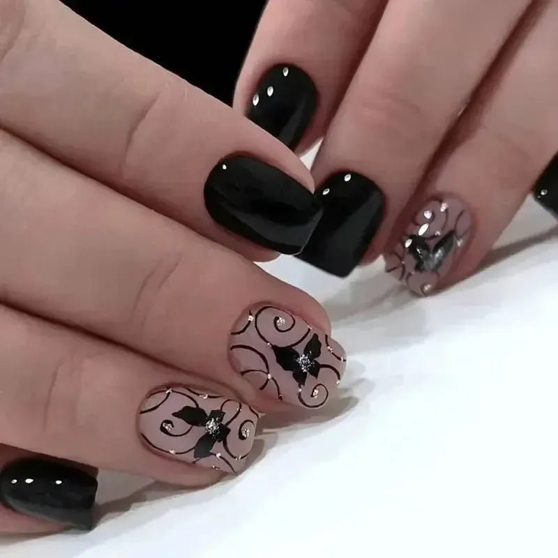 Short Square French Flower Press - On Nails 24 Pcs - Bennys Beauty World