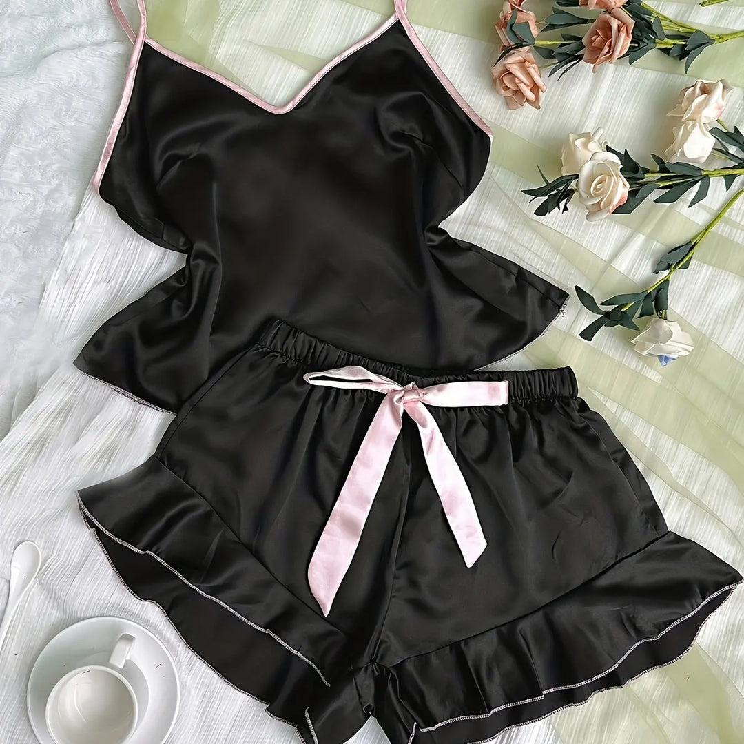 Women's Smooth Satin Pajamas V-Neck T-Shirt Outfit