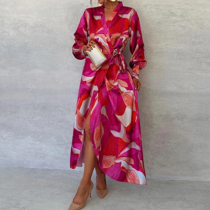 Ladies Fashion Printed V-neck Office Dress-Dresses-Bennys Beauty World