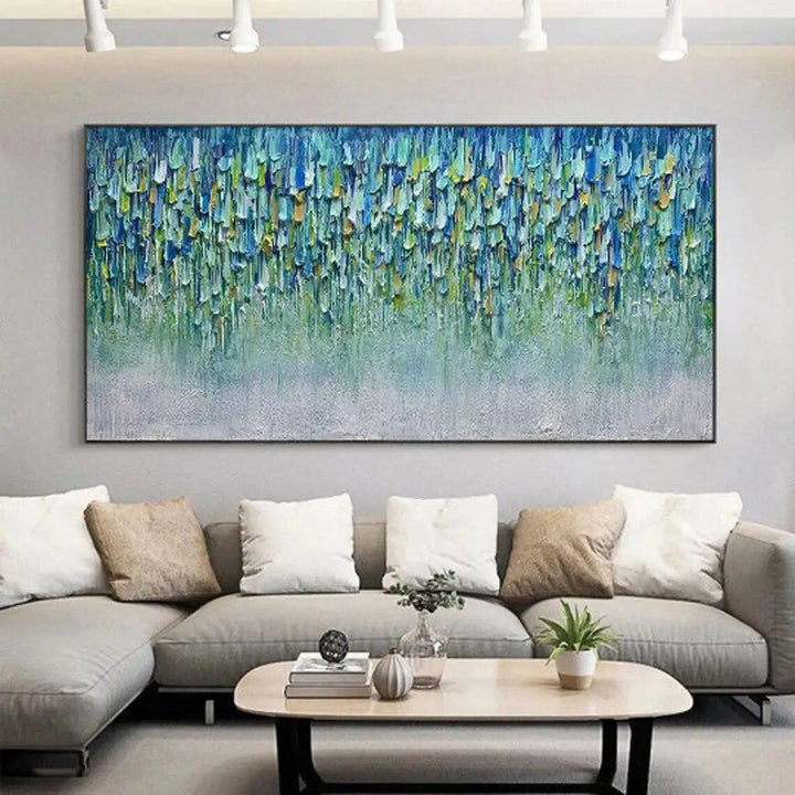 Hand Painted Textured Blue Tower Tree Oil Painting on Canvas Abstract Teal Life Tree Landscape Acrylic Painting Modern Wall Art-Arlik interiors