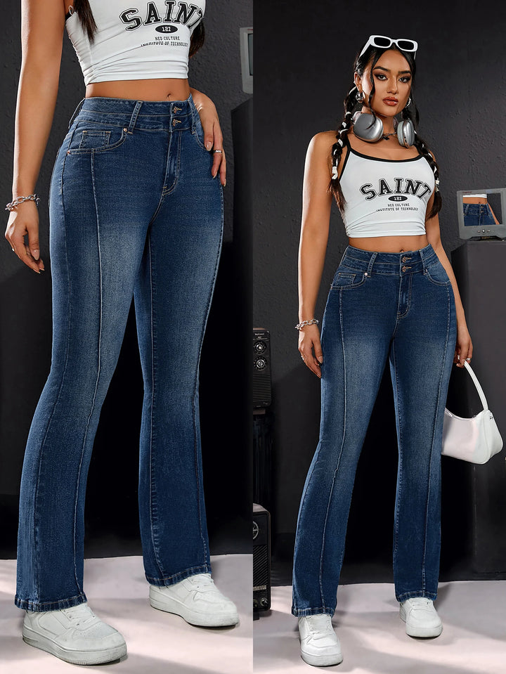 High-Waisted Stretch Denim Jeans | Double Button | Slim Straight Leg
