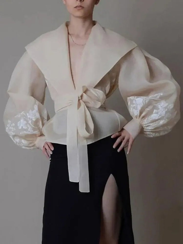 Women’s Colorblock V - Neck Lantern Sleeve Blouse – Lace - Up Patchwork Shirt - Bennys Beauty World