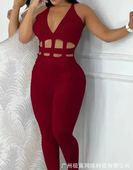 Women's jumpsuit 2025 summer new sleeveless new fashionable hollow camisole buckle comparison mesh tight jumpsuit-Bennys Beauty World