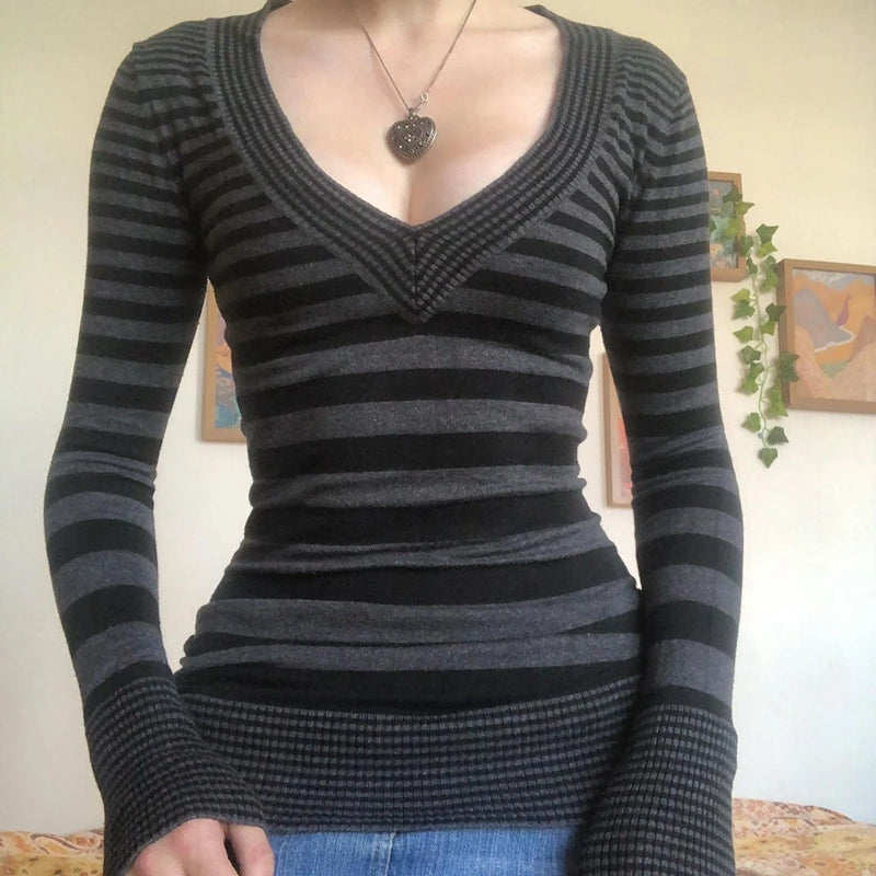 Vintage T Shirt Black Grey Striped V Neck Long Sleeve Jumper Tops