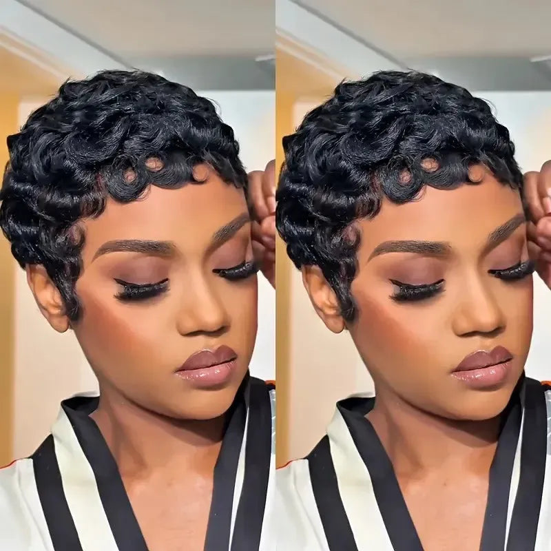 Glamorous Pixie Cut Human Hair Wig – Short Curly Wig with Bangs, 150% Density, Natural Black-Wig-Bennys Beauty World