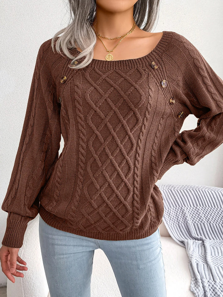 Womens Autumn Winter Cable Knit Sweater Solid Color Square Neck Buttons Long Sleeve Ribbed Knitted Pullover Loose Jumpers Tops