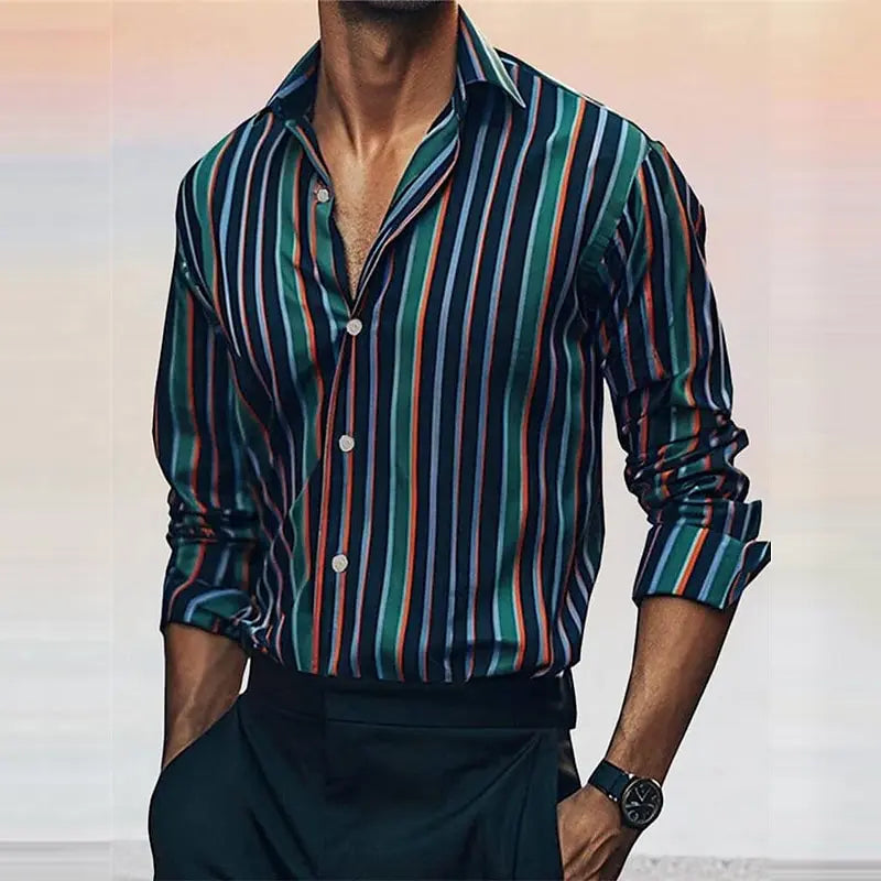 Men's Striped Long Sleeve Shirt – Stylish Casual Dress Shirt-Shirt-Bennys Beauty World