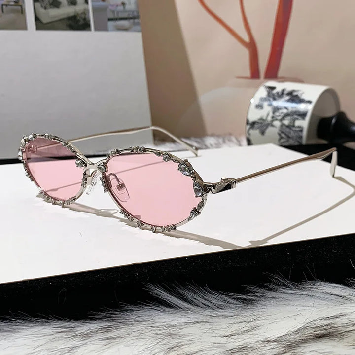 Rhinestone Oval Sunglasses | UV400 Luxury Diamond Metal Frame