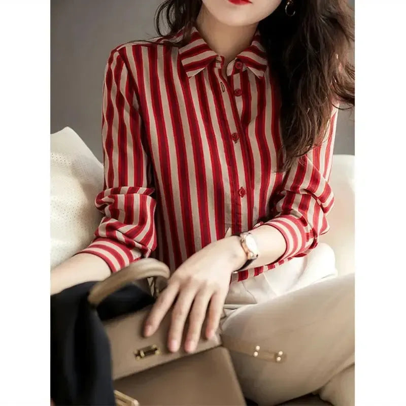 French Style Fashion Spring Shirts New Women's Polo-Neck Striped Single Breasted Simplicity Versatile Loose Long Sleeve Tops-Bennys Beauty World