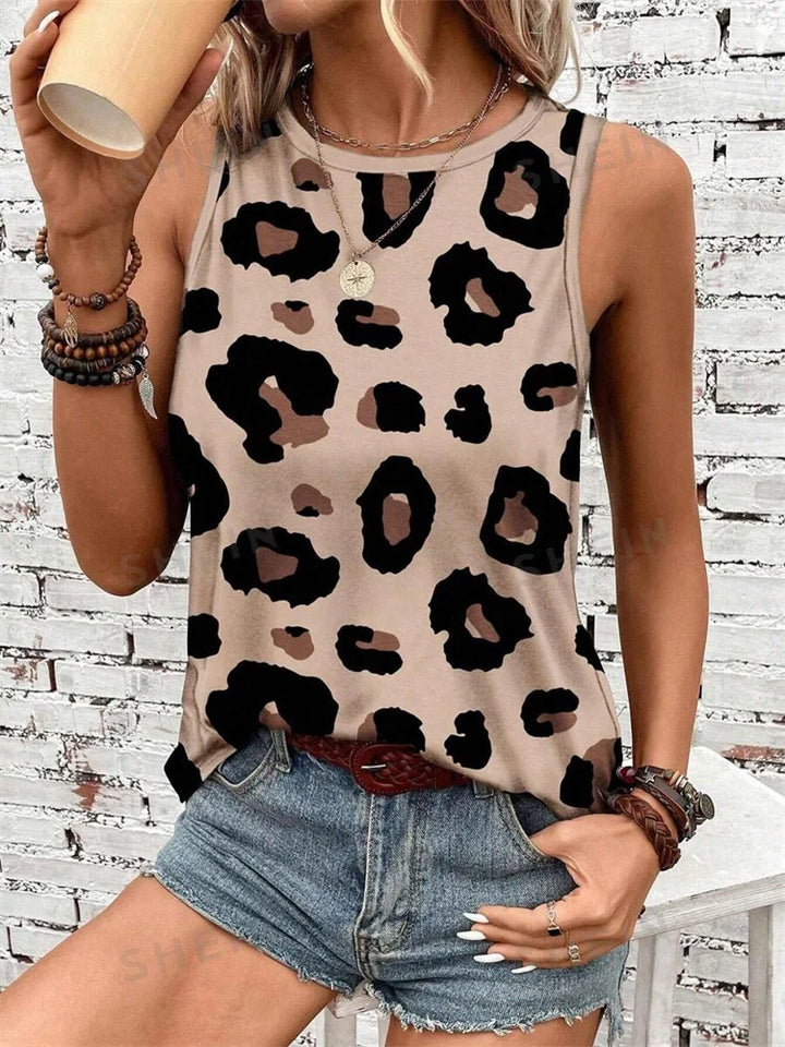 Leopard Print Crew Neck Tank Top