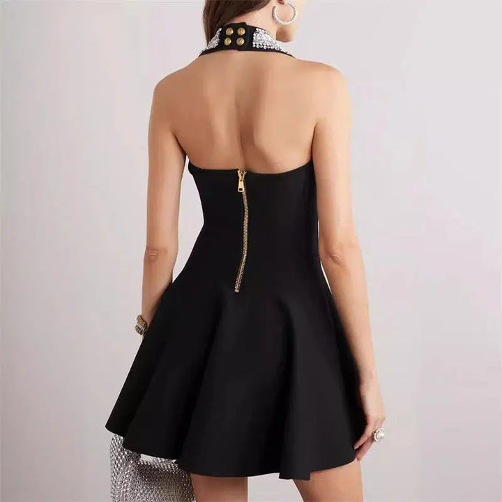 2024 summer new women's heavy diamond halter neck A-line dress y2k high quality luxury crystal fashion sexy banquet dress skirt-Bennys Beauty World