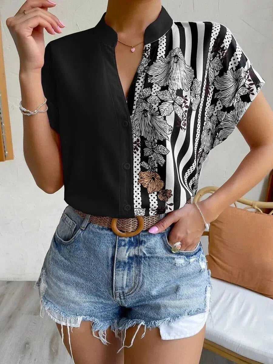 Women's Summer Double-contrast Flower Button Short-sleeved Shirt