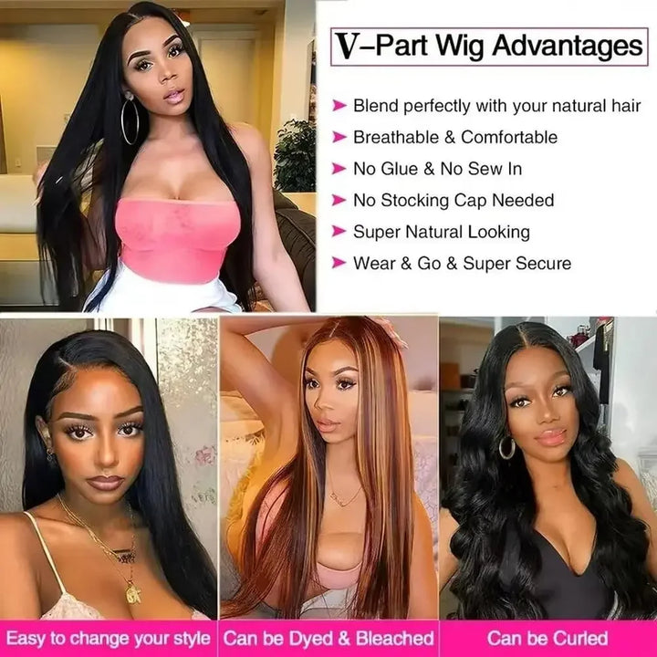 V Part Straight Human Hair Wig — Glueless Remy Brazilian, No Leave Out