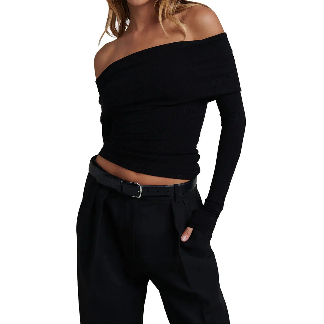 Womens Off Shoulder Sweaters Long Sleeve Strapless Soft Knit Pullover-blouse-Bennys Beauty World