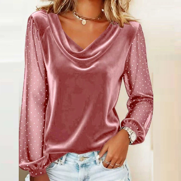 Velvet Cowl Neck Top | Sheer Diamond Mesh Sleeves | Elegant Long Sleeve