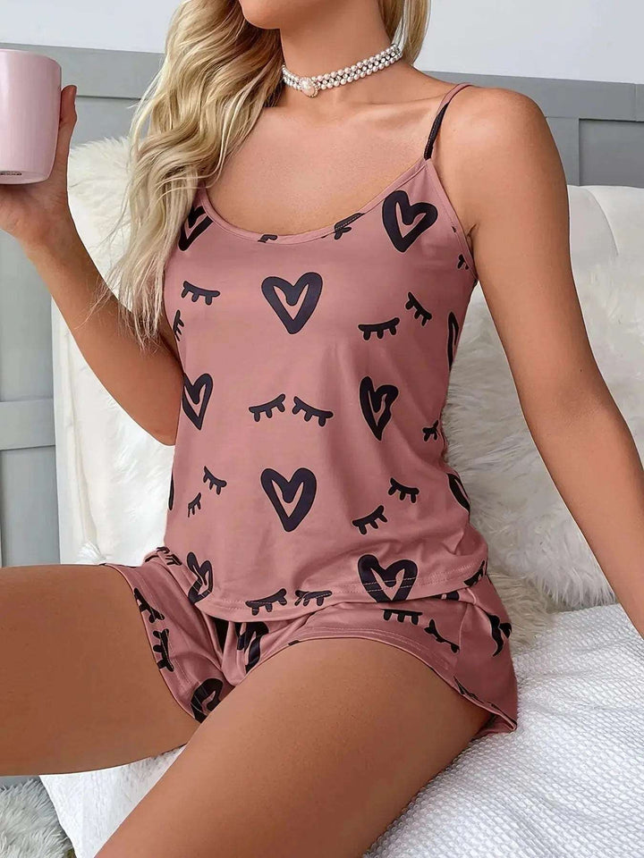 1 Set Soft Heart Print Pajama Set Casual Sleeveless Loungewear & Sleepwear-Dresses-Bennys Beauty World