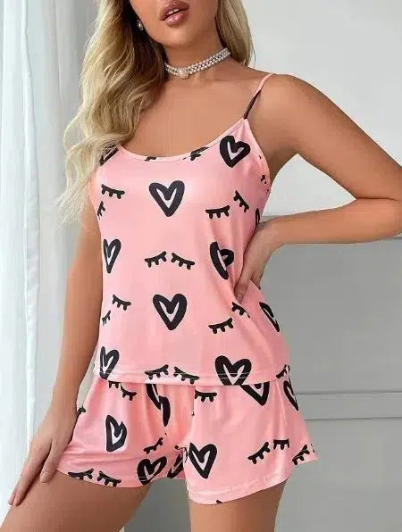 1 Set Soft Heart Print Pajama Set Casual Sleeveless Loungewear & Sleepwear-Dresses-Bennys Beauty World