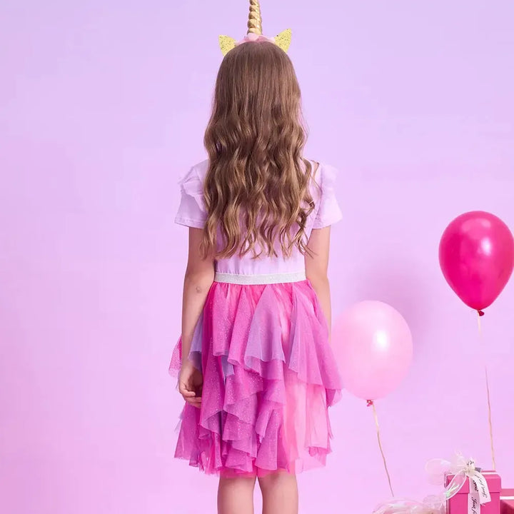 VIKITA Girls Heart Print Glitter Tutu Dress – Short Sleeve Layered Summer Princess Party Dress for Kids Ages 4–10-Baby &amp; Toddler Dresses-Bennys Beauty World