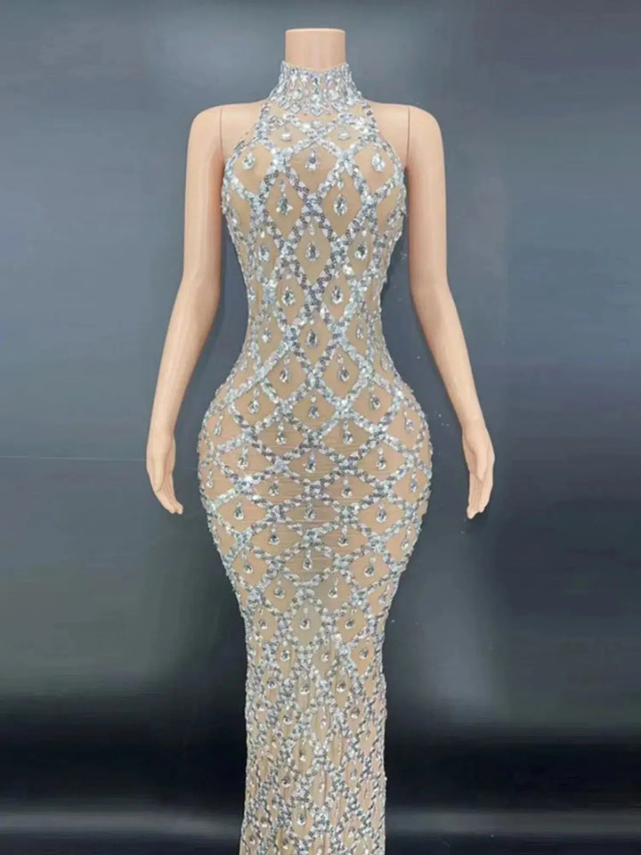 2024 Fashion Celebrity Evening Cocktail Party Maxi Dress Women's High Collar Sleeveless Bodyco Shiny Beaded Design Long Dresses-Bennys Beauty World